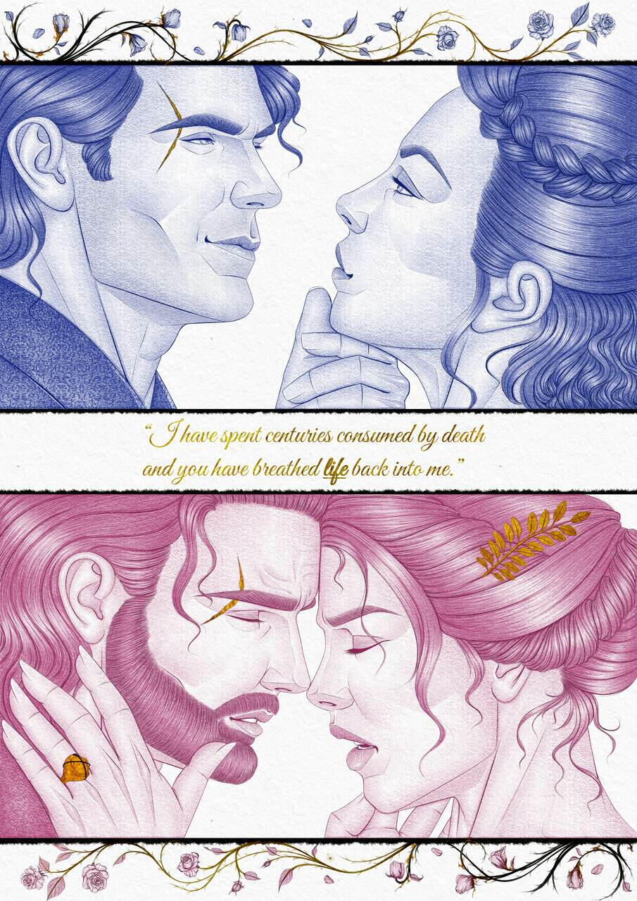 Hades and Cora from the book A Thorn-Kindled Flame by @genbelmontwrites 2025